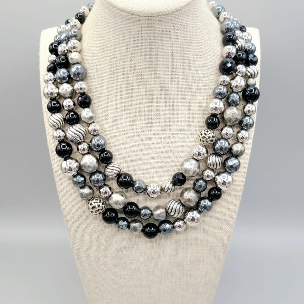 David Yurman Elements Triple Row Necklace With Hematite And Black Onyx